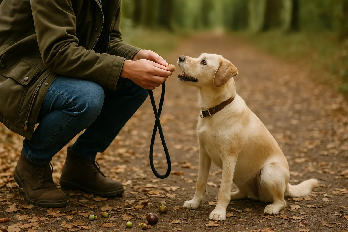 Dog owner giving a dog a small treat on an autumn woodland walk