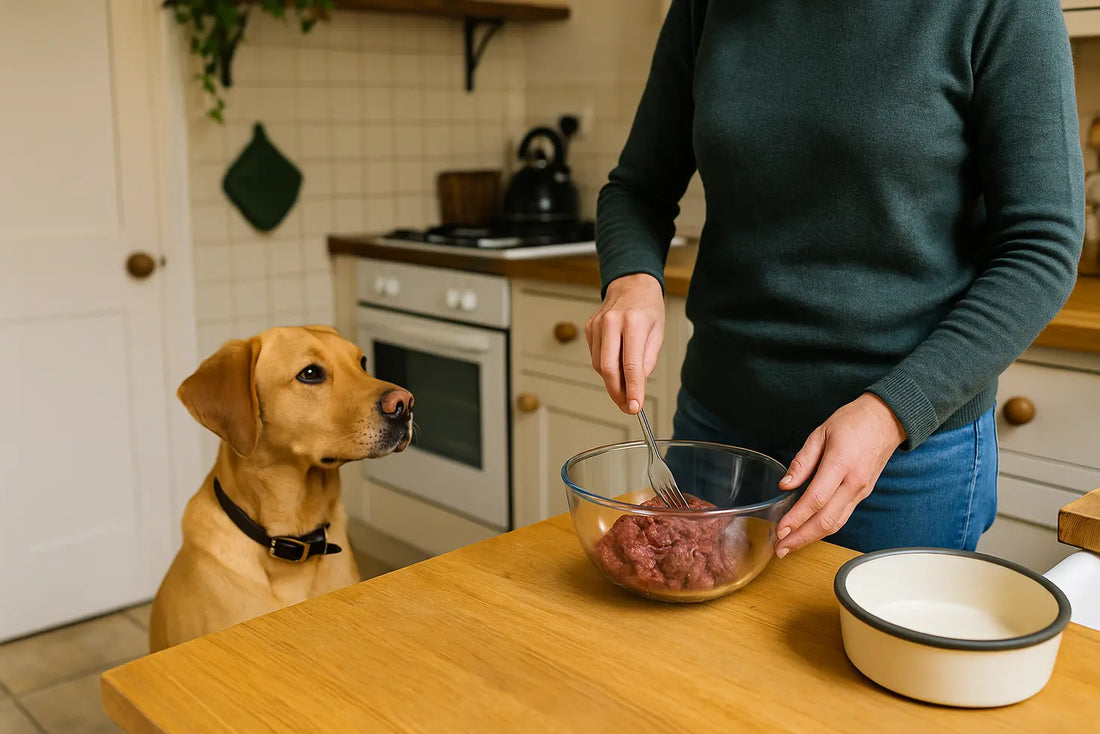 Dog waiting beside an owner preparing a raw meal in a kitchen.