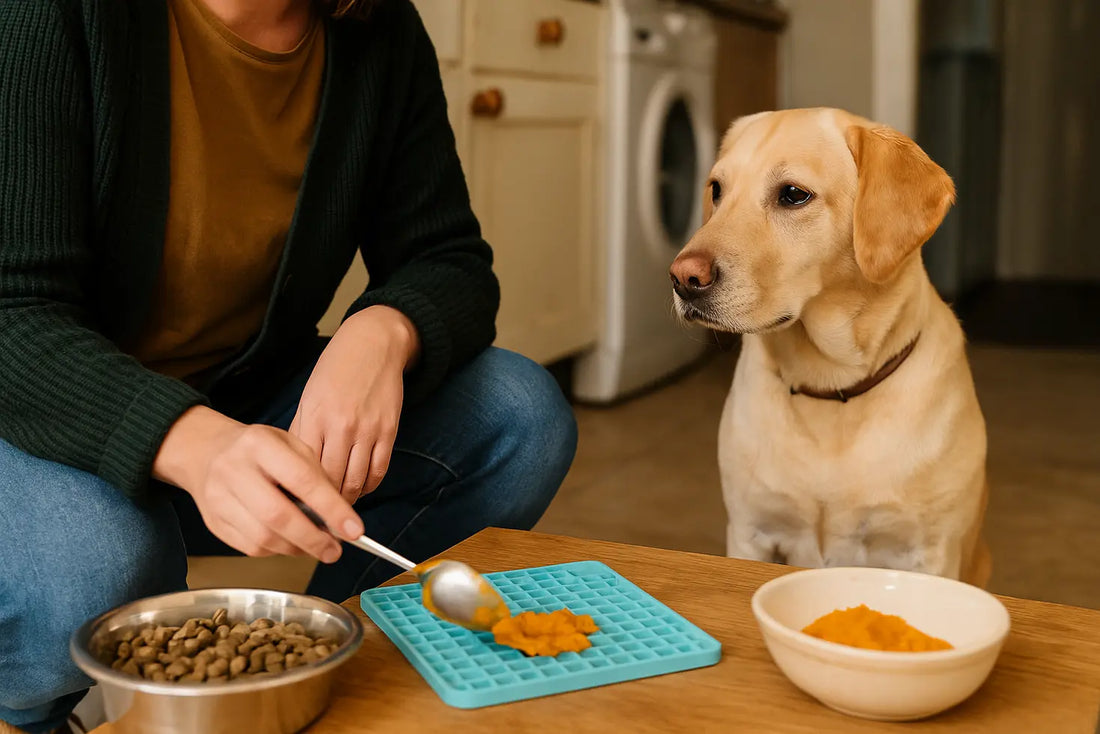 Dog watching its owner prepare a pumpkin lick mat in a kitchen.