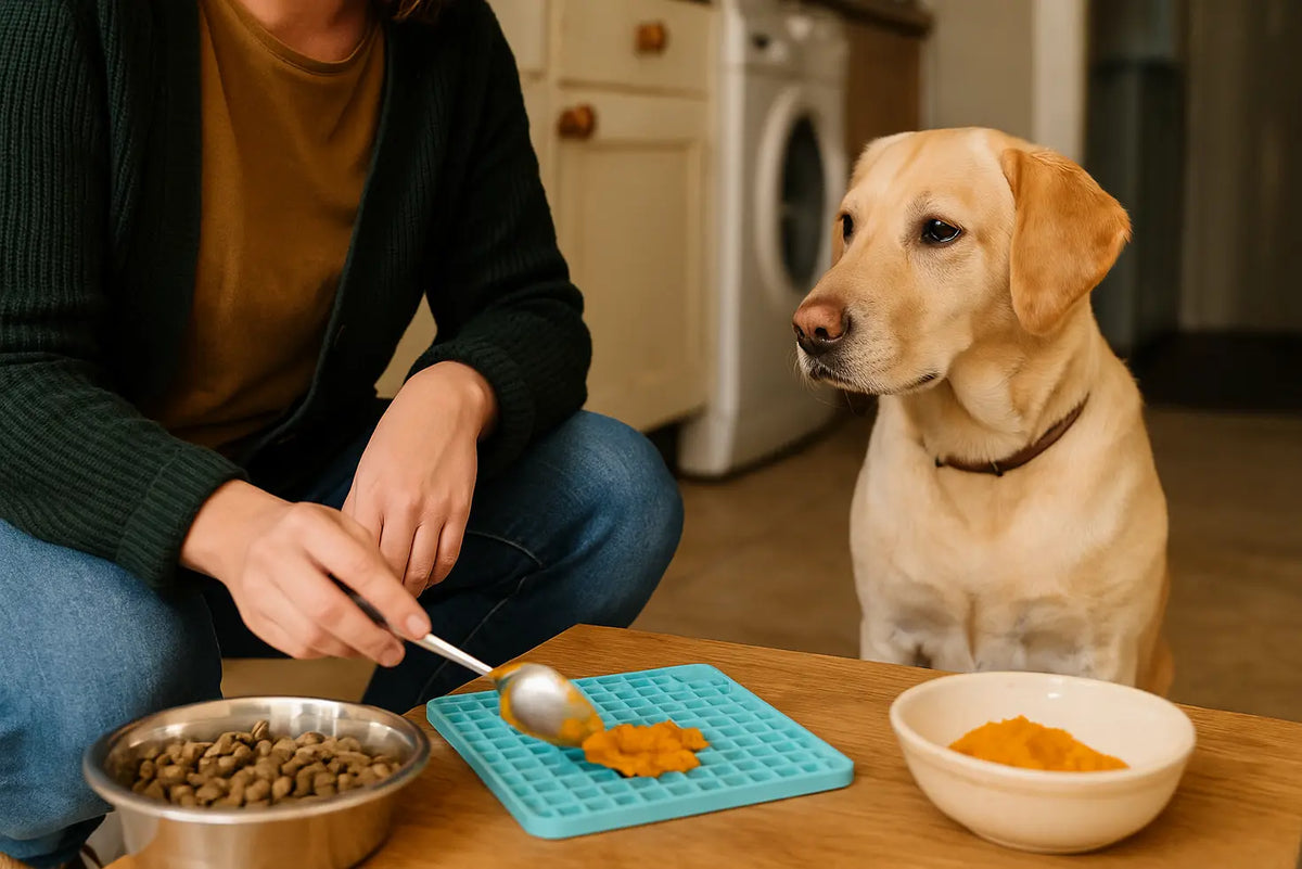 Dog watching its owner prepare a pumpkin lick mat in a kitchen.