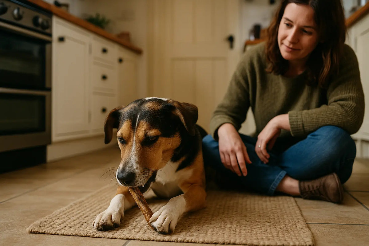 Dog chewing a natural treat on a mat while its owner supervises nearby.