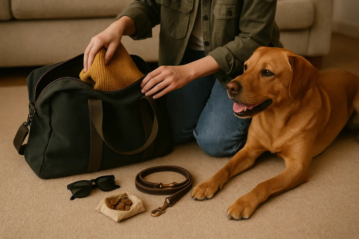 Dog owner packing for a holiday beside a relaxed dog and travel essentials.