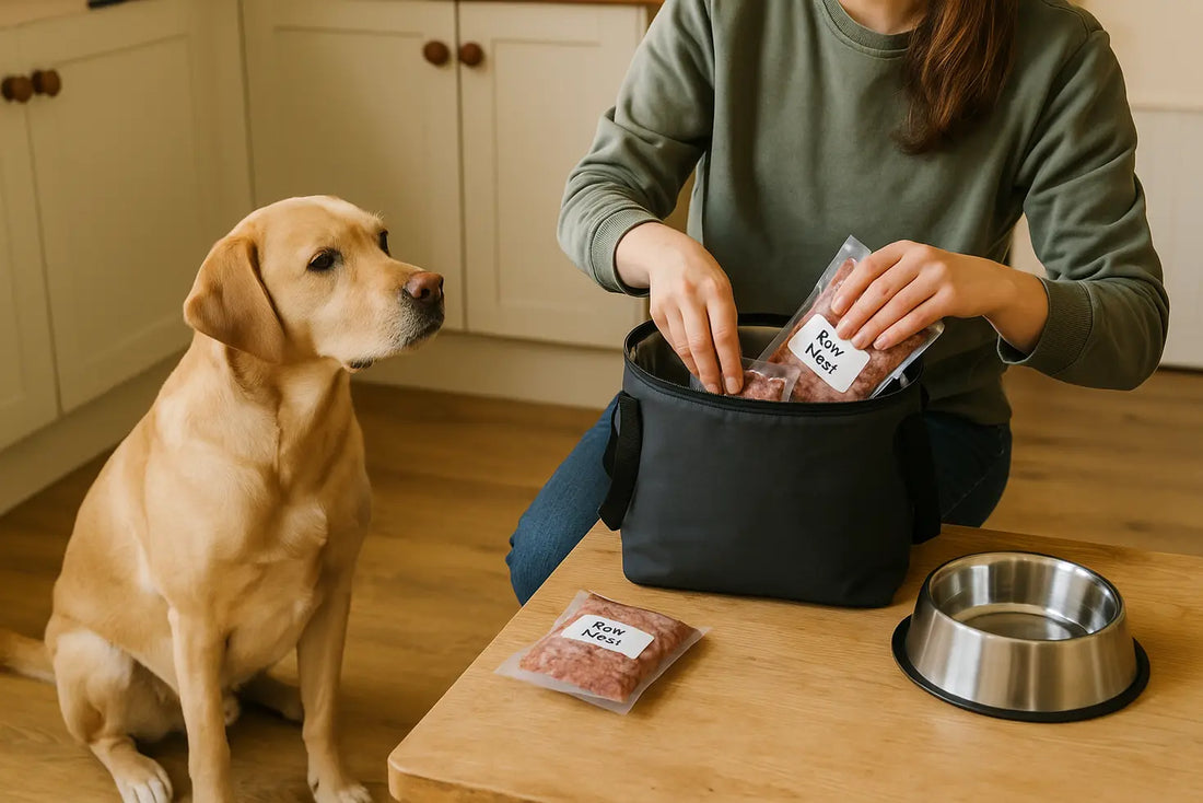 Dog owner packing labelled raw meal portions and a cool bag for a holiday.